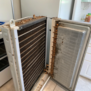 Close-up of refrigerator condenser coils covered in dust, highlighting the need for regular cleaning to maintain appliance efficiency.